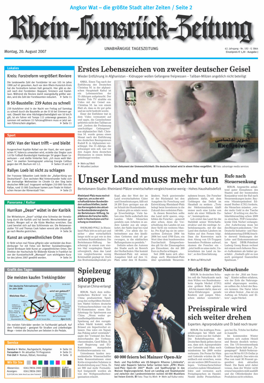 Rhein-Hunsrück-Zeitung vom Montag, 20.08.2007