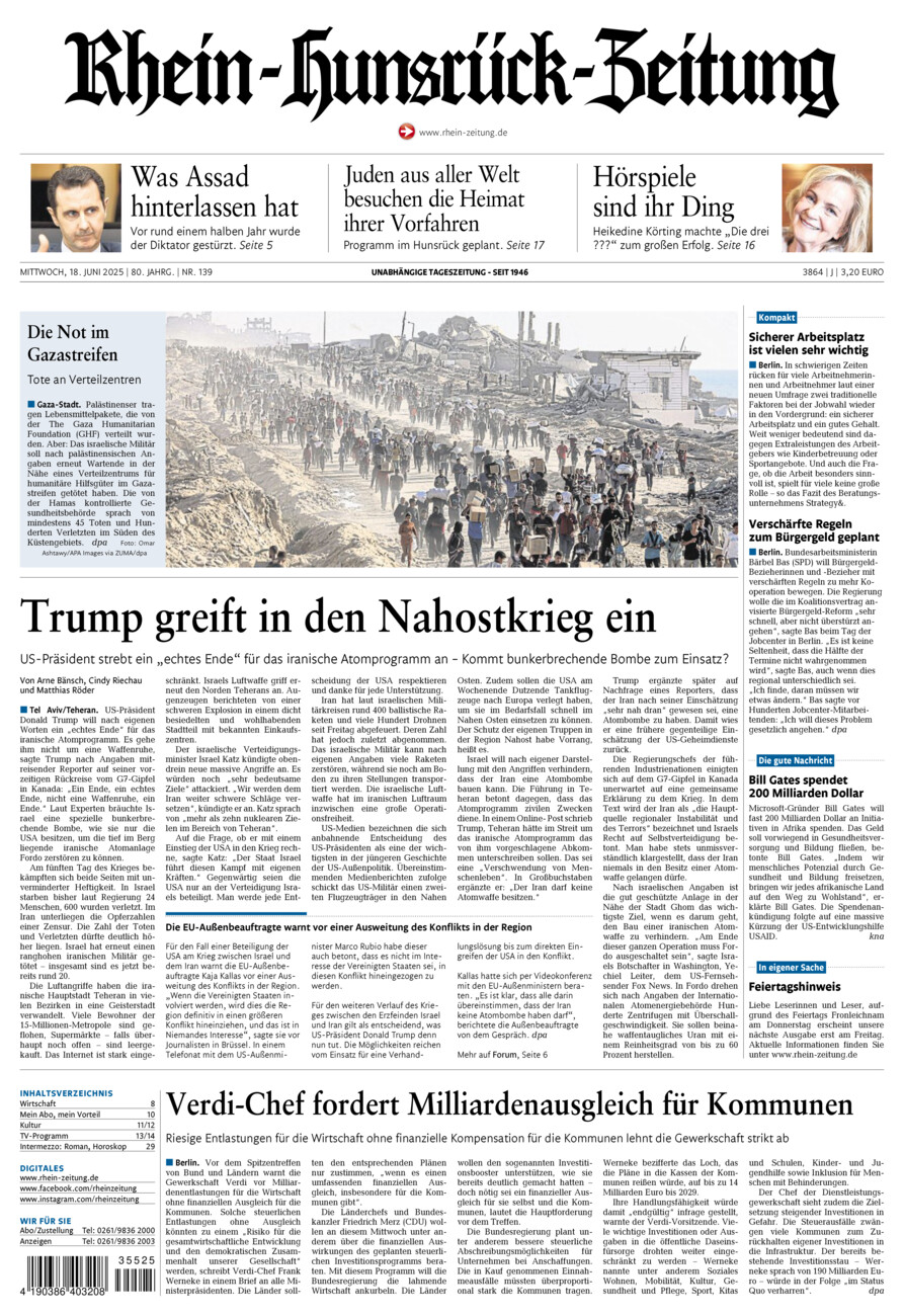 Rhein-Hunsrück-Zeitung vom Mittwoch, 18.06.2025