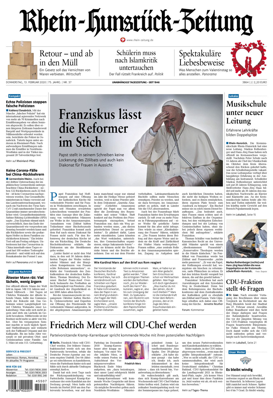 Rhein-Hunsrück-Zeitung vom Donnerstag, 13.02.2020