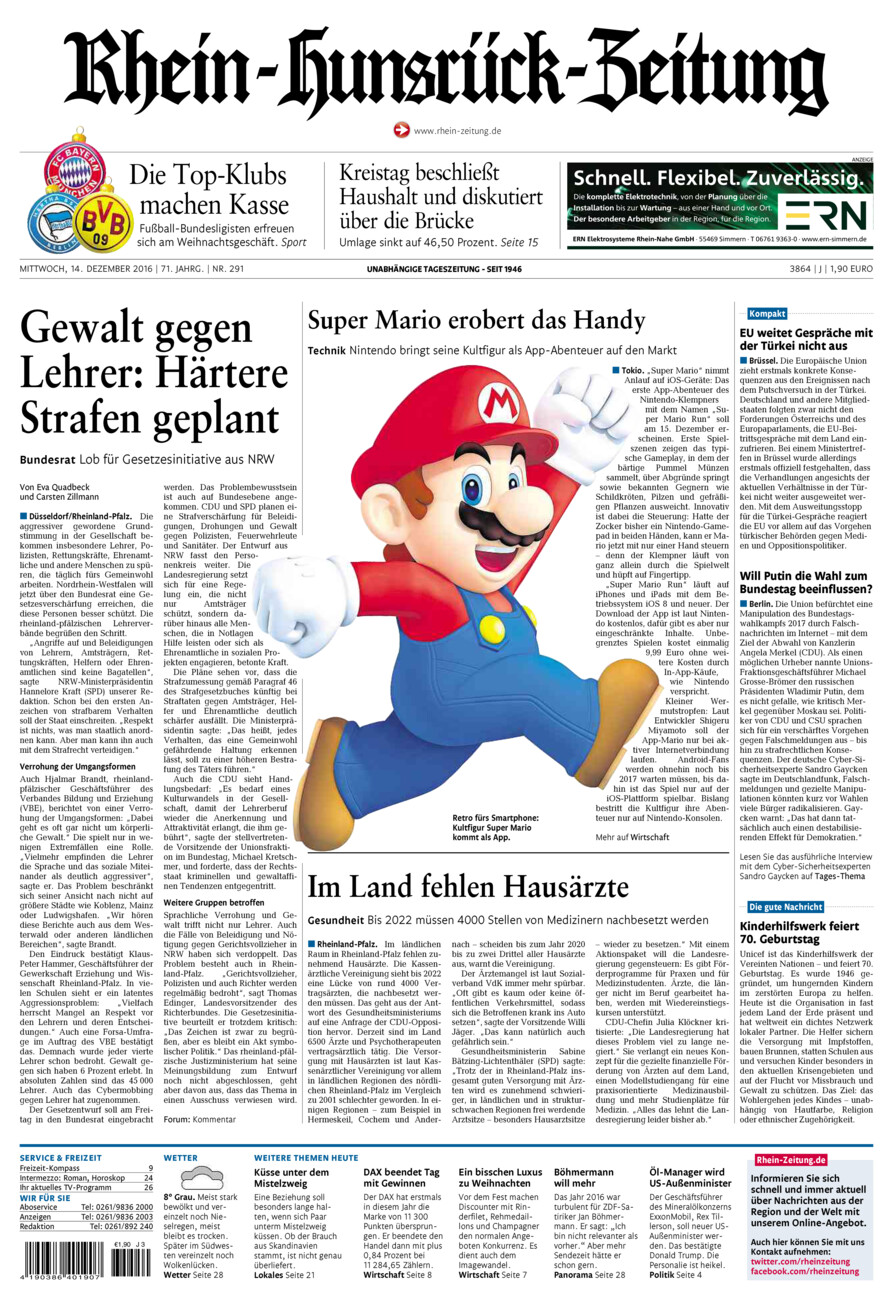 Rhein-Hunsrück-Zeitung vom Mittwoch, 14.12.2016
