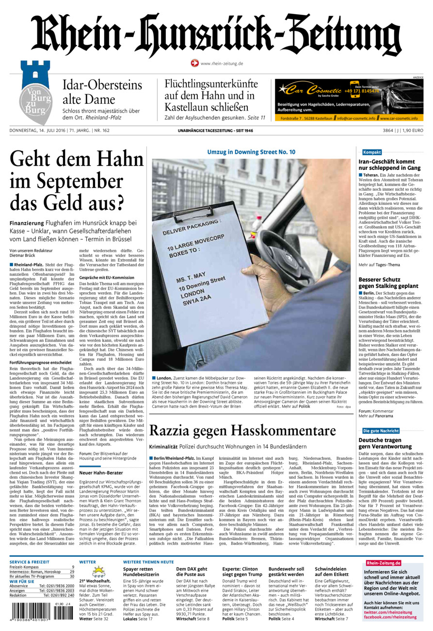 Rhein-Hunsrück-Zeitung vom Donnerstag, 14.07.2016