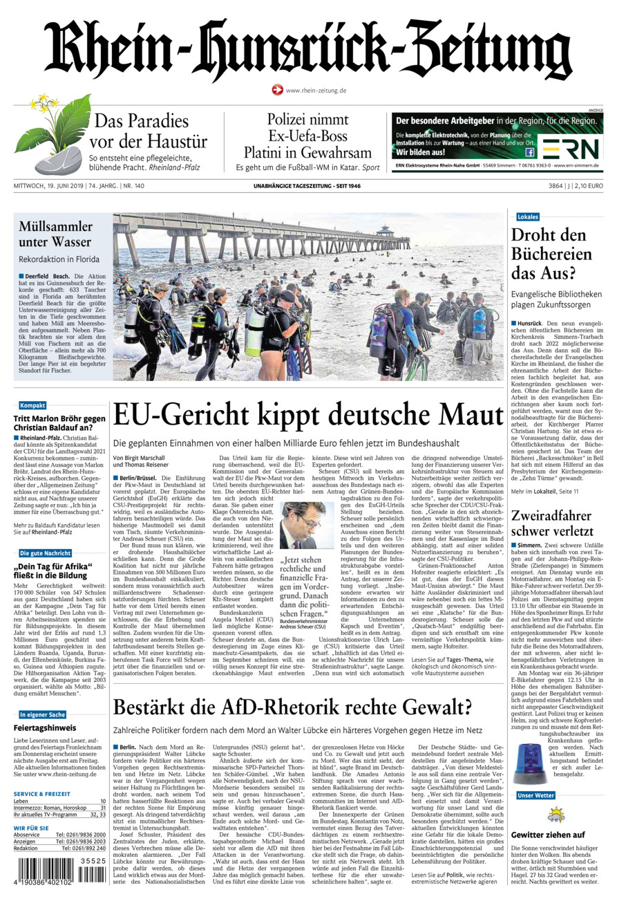 Rhein-Hunsrück-Zeitung vom Mittwoch, 19.06.2019