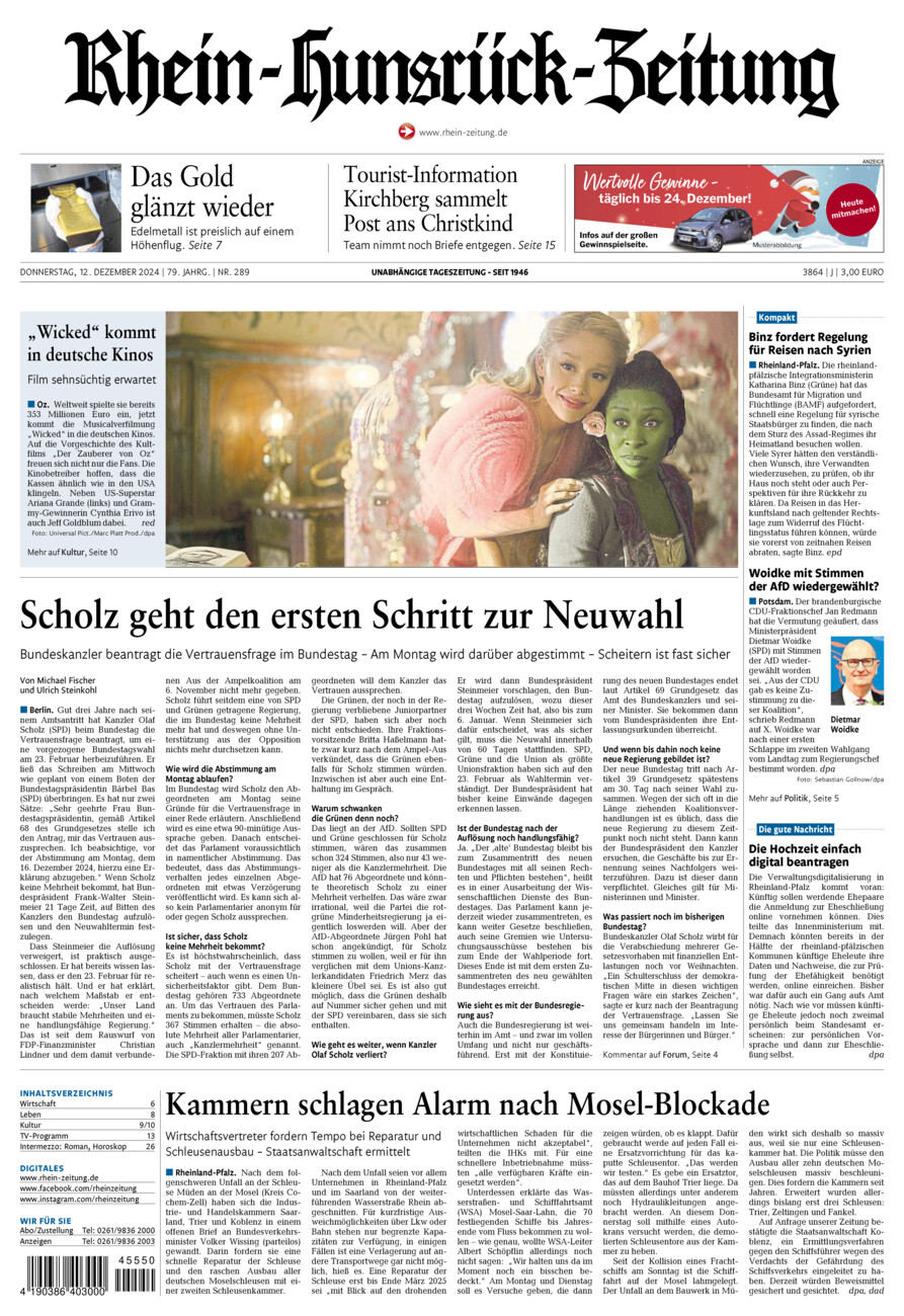 Rhein-Hunsrück-Zeitung vom Donnerstag, 12.12.2024