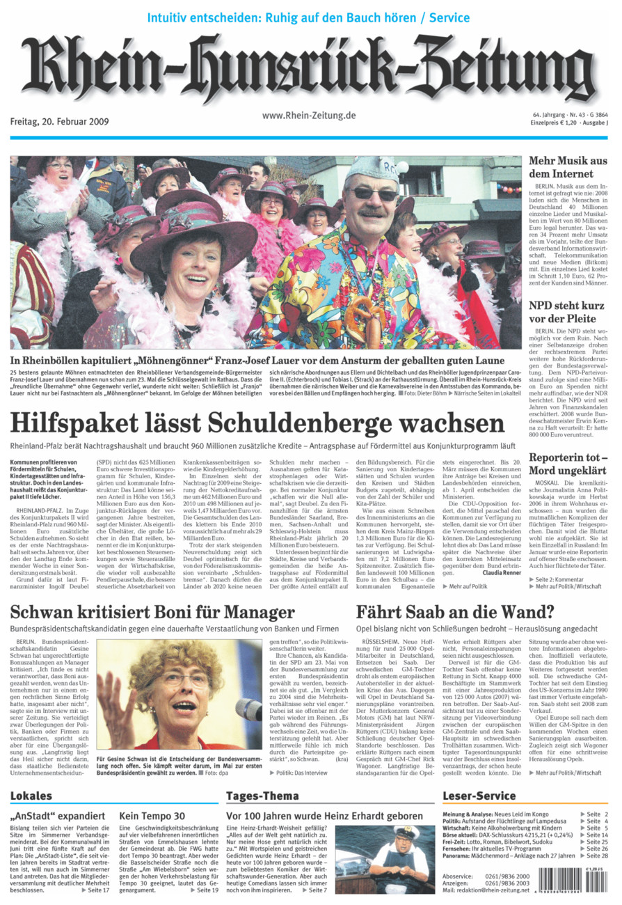 Rhein-Hunsrück-Zeitung vom Freitag, 20.02.2009