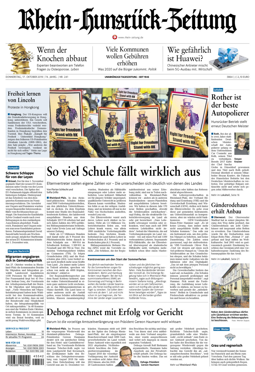 Rhein-Hunsrück-Zeitung vom Donnerstag, 17.10.2019