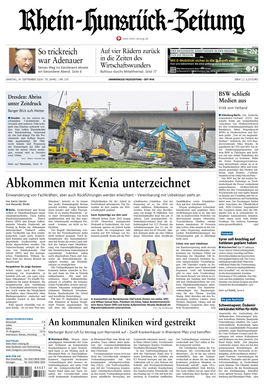 Rhein-Hunsrück-Zeitung vom Samstag, 14.09.2024