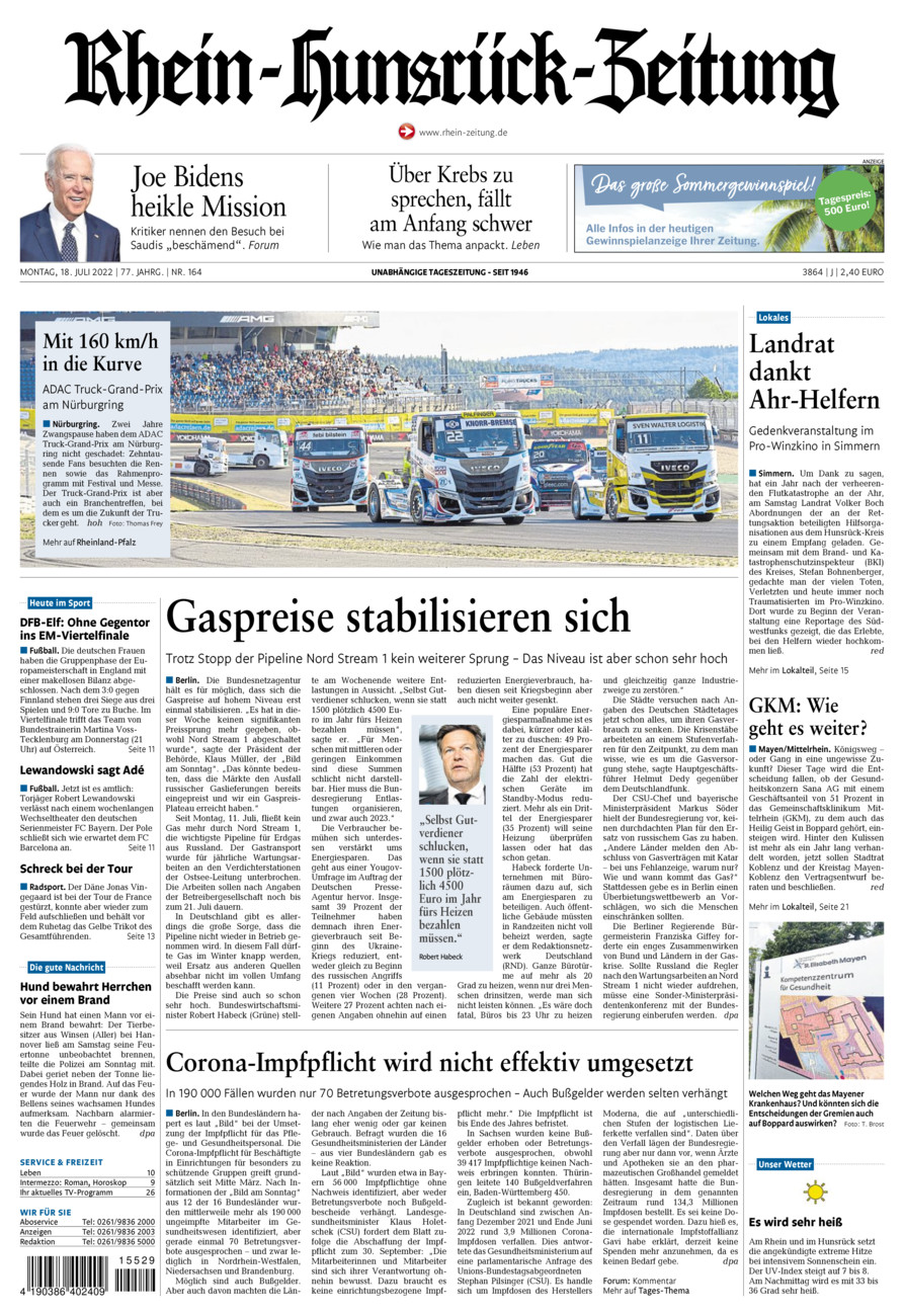 Rhein-Hunsrück-Zeitung vom Montag, 18.07.2022
