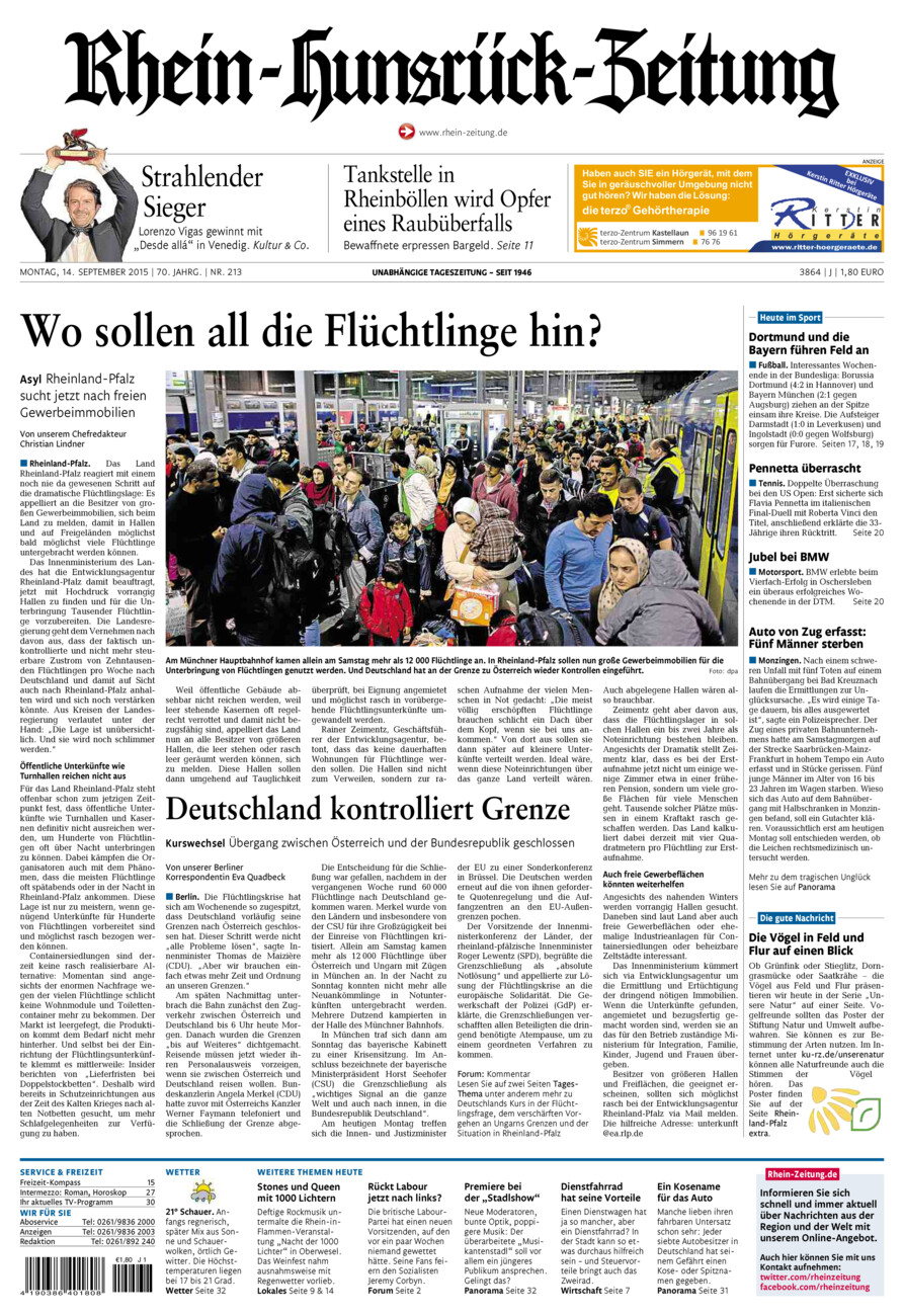 Rhein-Hunsrück-Zeitung vom Montag, 14.09.2015
