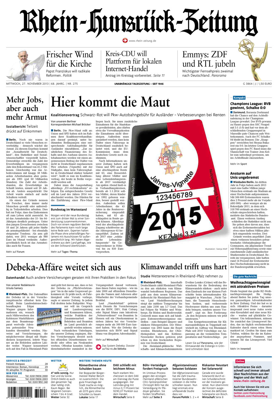 Rhein-Hunsrück-Zeitung vom Mittwoch, 27.11.2013