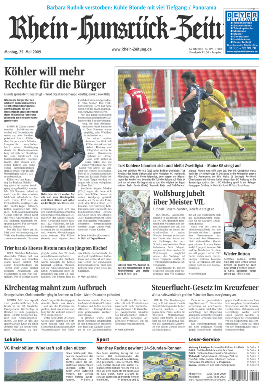Rhein-Hunsrück-Zeitung vom Montag, 25.05.2009