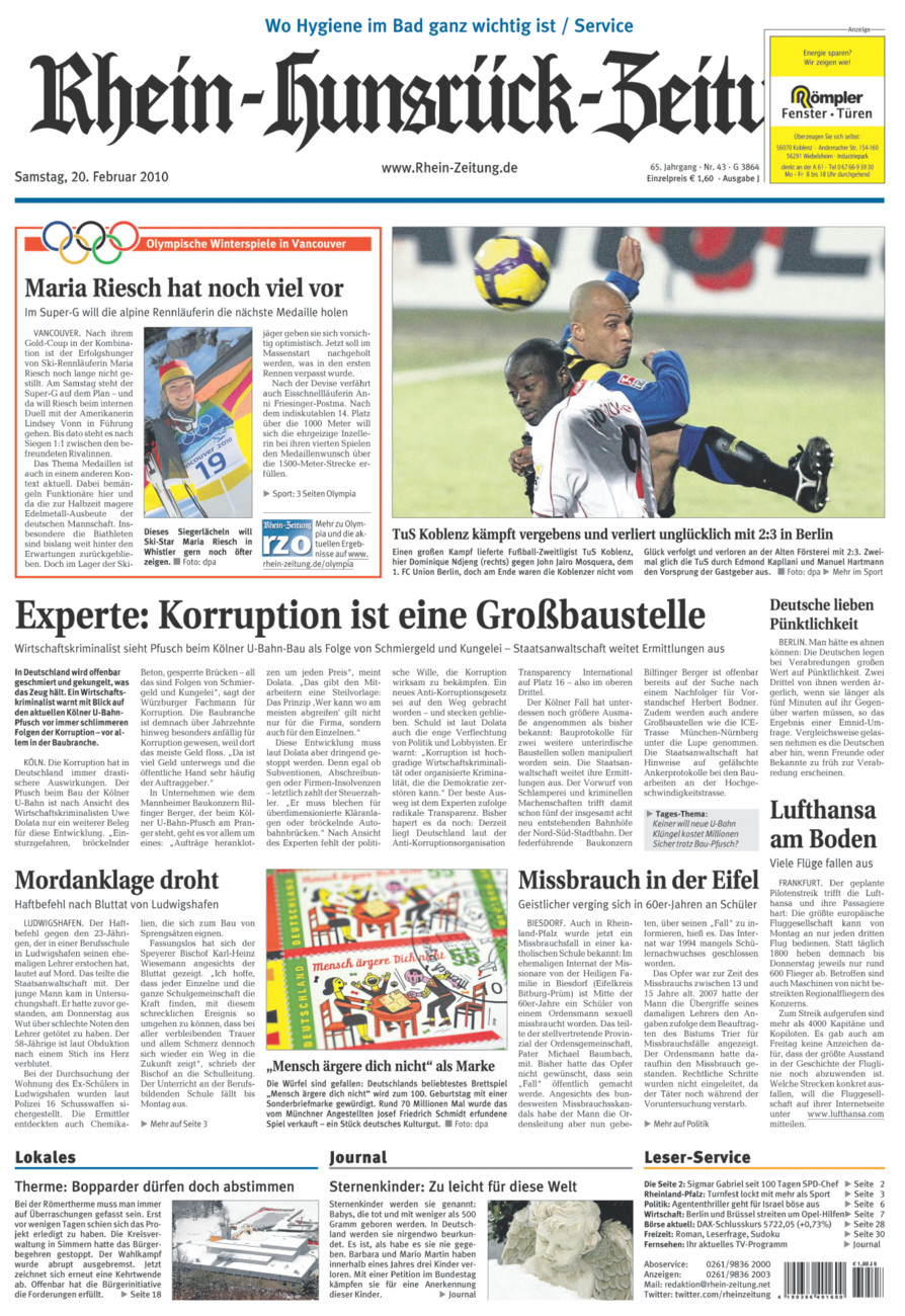 Rhein-Hunsrück-Zeitung vom Samstag, 20.02.2010
