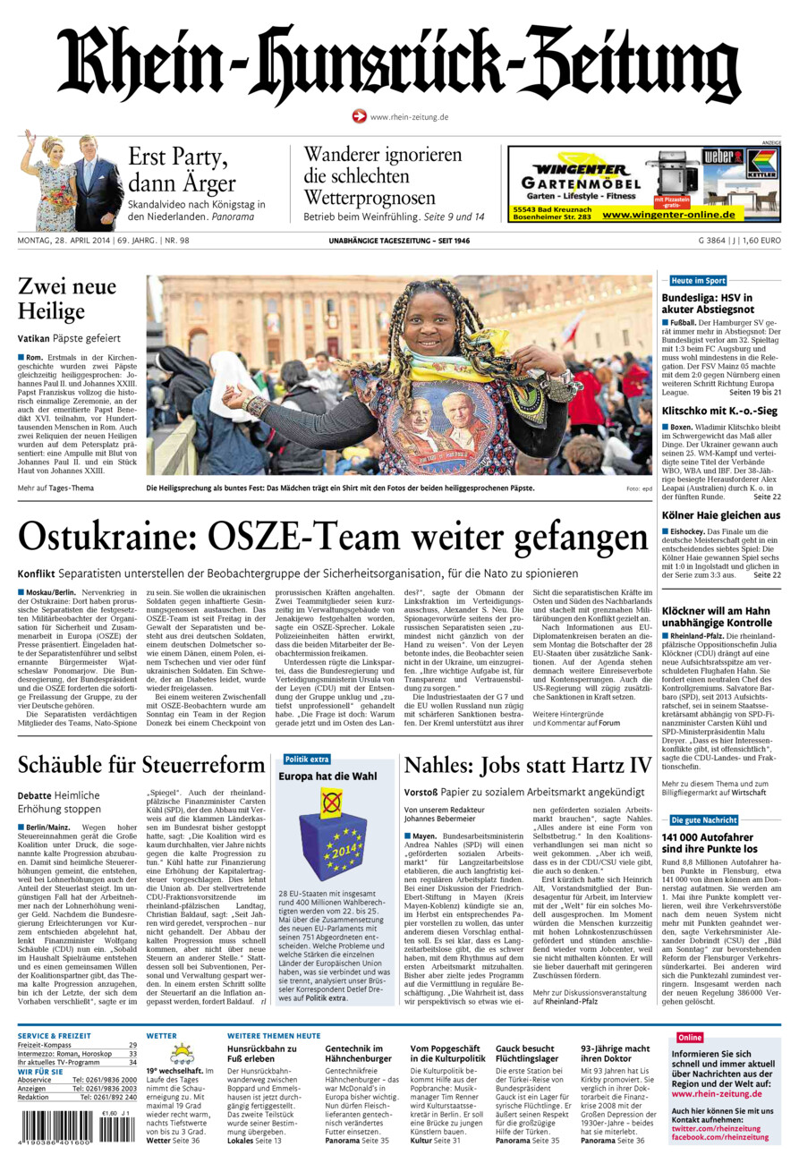 Rhein-Hunsrück-Zeitung vom Montag, 28.04.2014