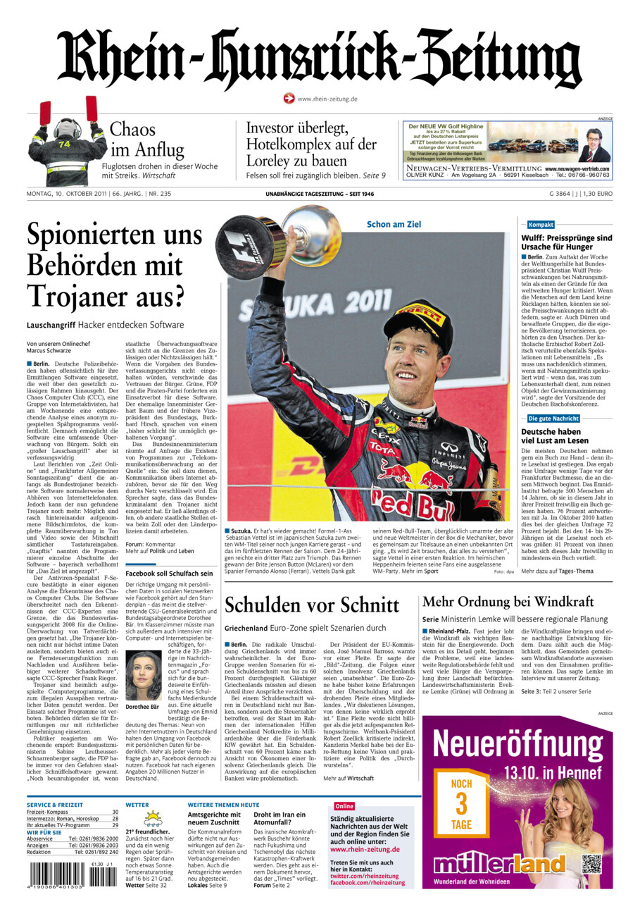 Rhein-Hunsrück-Zeitung vom Montag, 10.10.2011