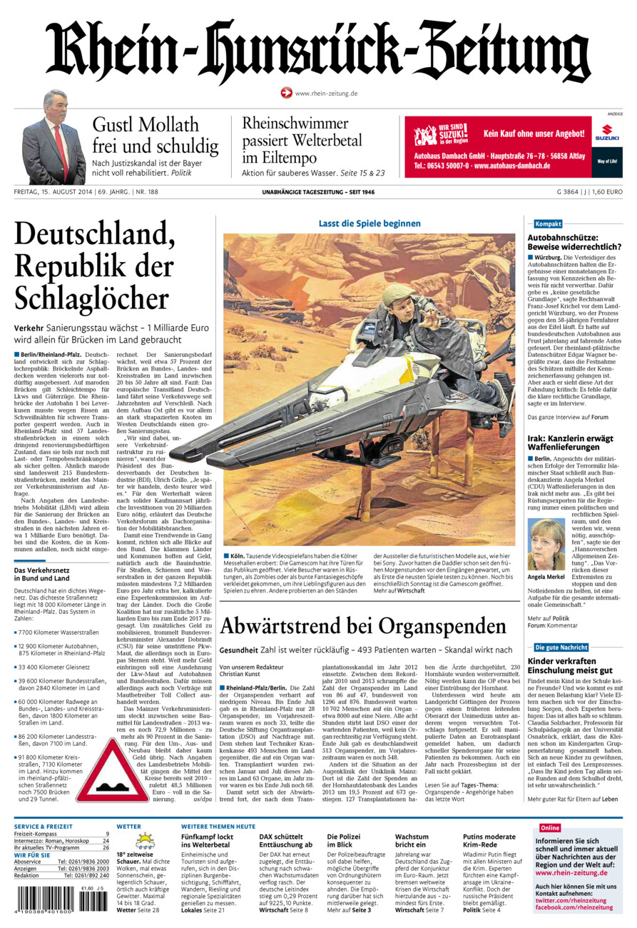 Rhein-Hunsrück-Zeitung vom Freitag, 15.08.2014
