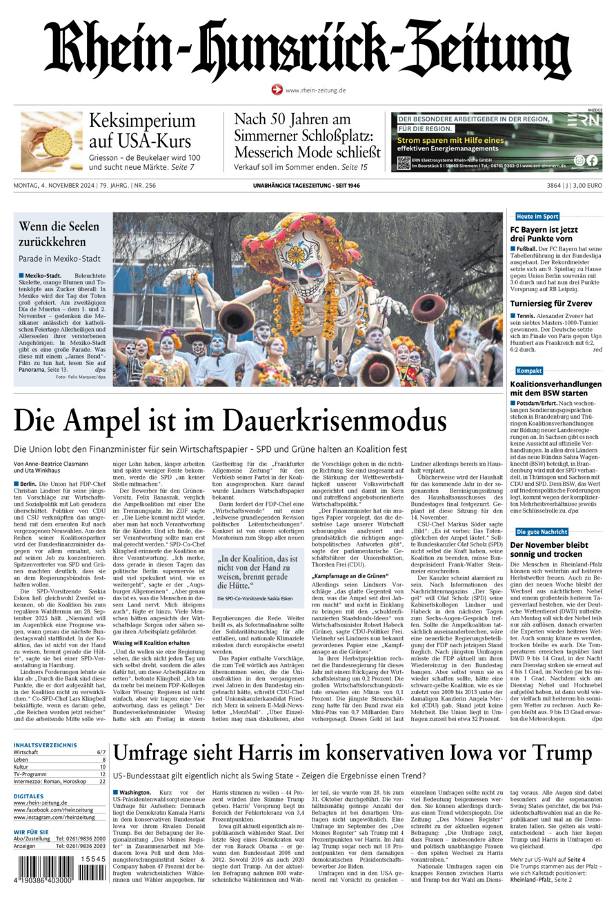 Rhein-Hunsrück-Zeitung vom Montag, 04.11.2024