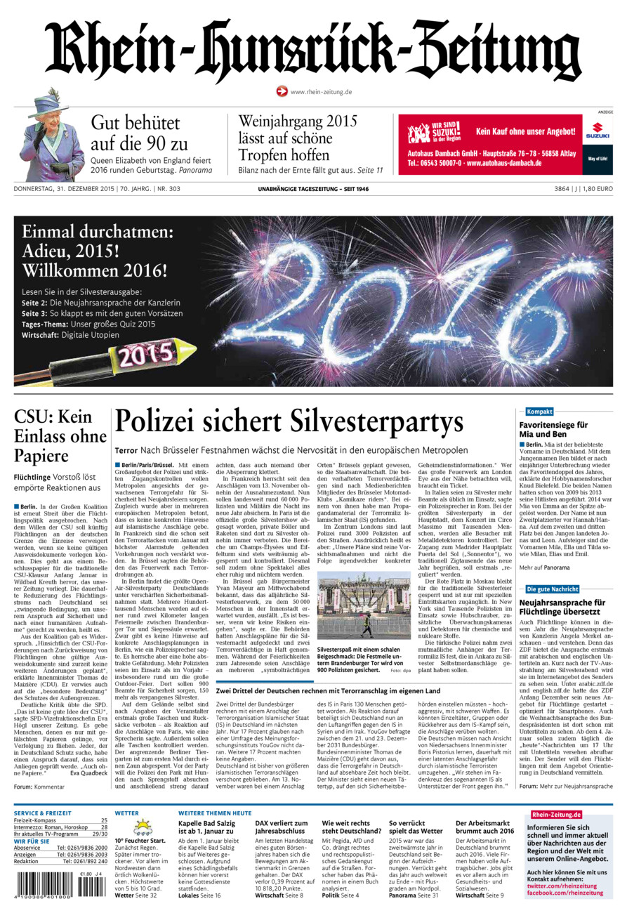 Rhein-Hunsrück-Zeitung vom Donnerstag, 31.12.2015
