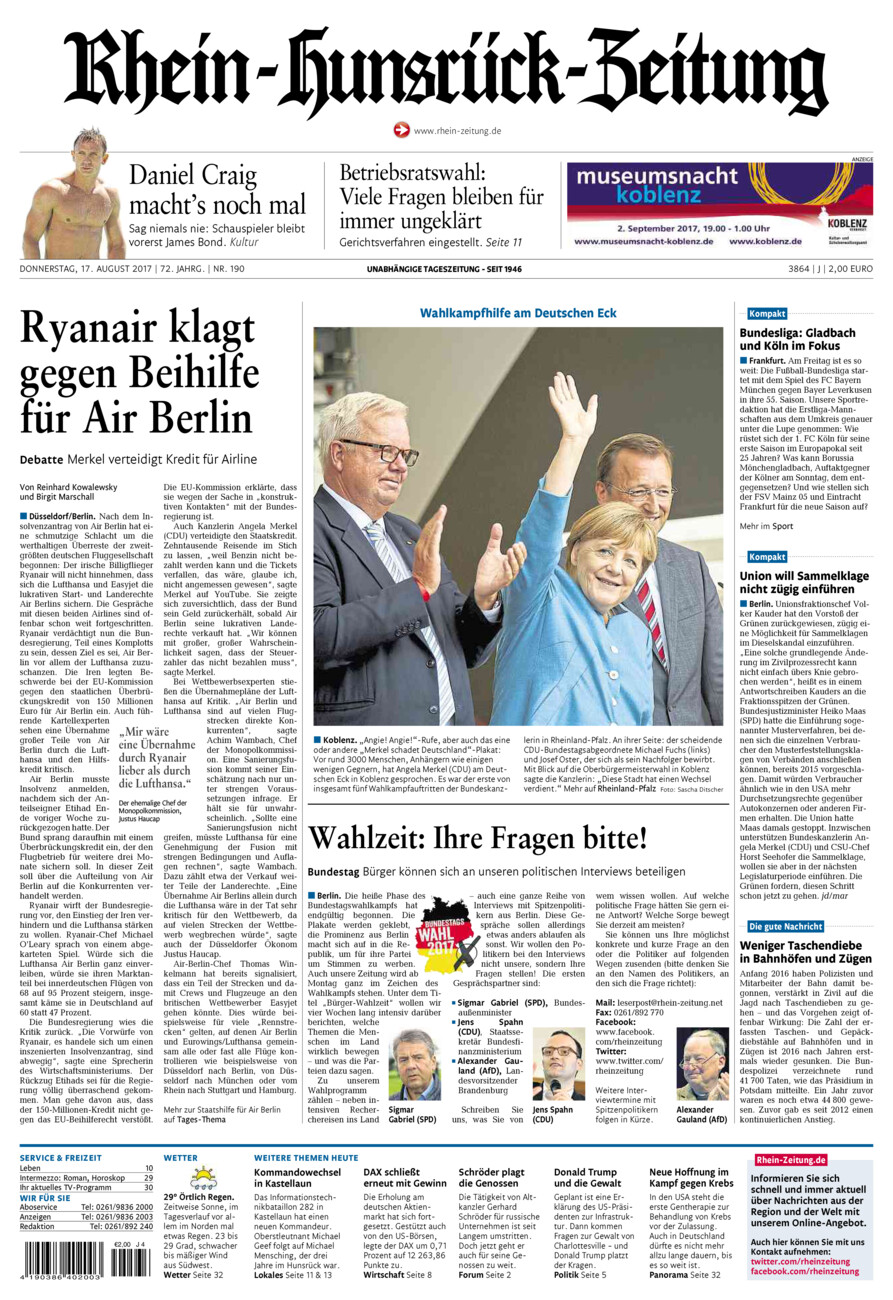 Rhein-Hunsrück-Zeitung vom Donnerstag, 17.08.2017