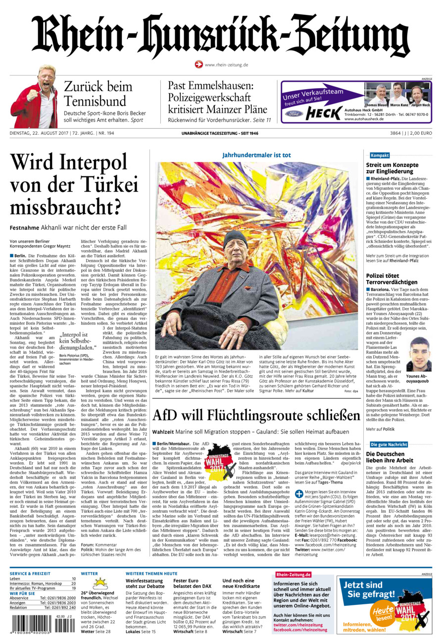 Rhein-Hunsrück-Zeitung vom Dienstag, 22.08.2017
