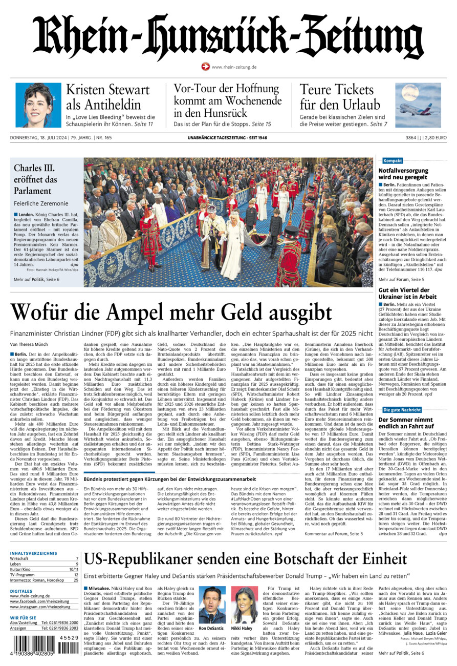 Rhein-Hunsrück-Zeitung vom Donnerstag, 18.07.2024