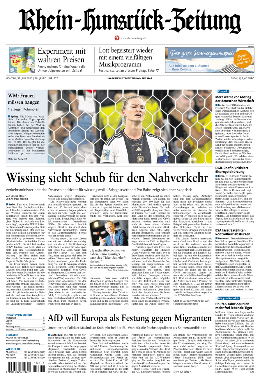 Rhein-Hunsrück-Zeitung vom Montag, 31.07.2023