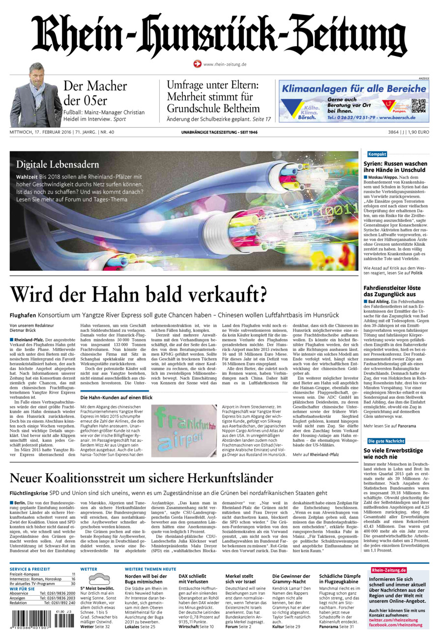 Rhein-Hunsrück-Zeitung vom Mittwoch, 17.02.2016