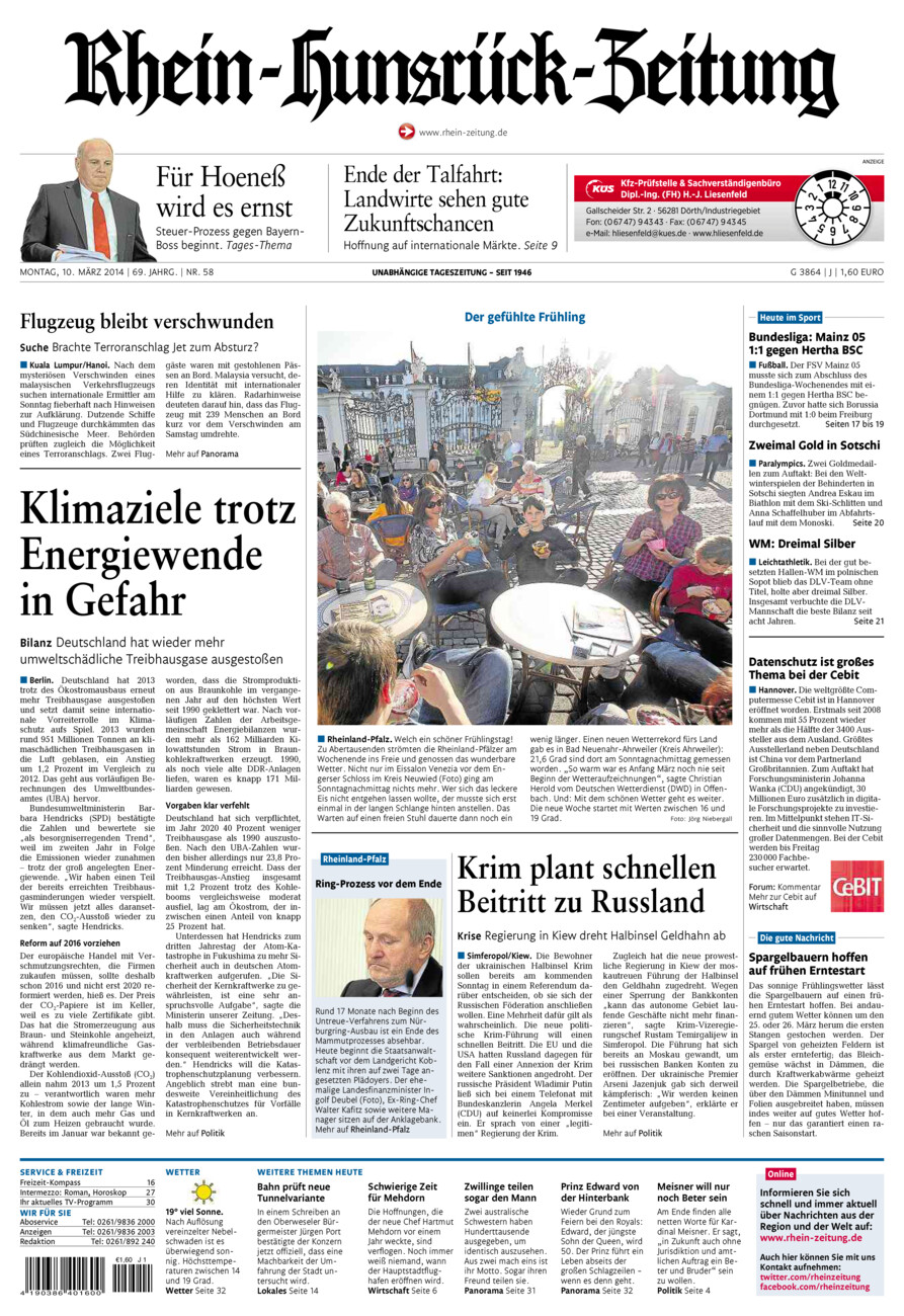 Rhein-Hunsrück-Zeitung vom Montag, 10.03.2014