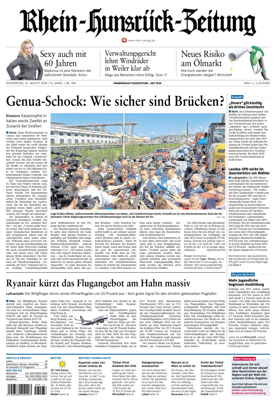 Rhein-Hunsrück-Zeitung vom Donnerstag, 16.08.2018