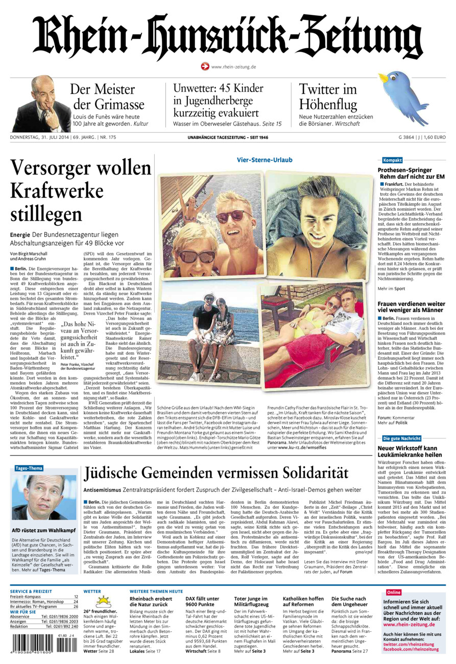 Rhein-Hunsrück-Zeitung vom Donnerstag, 31.07.2014