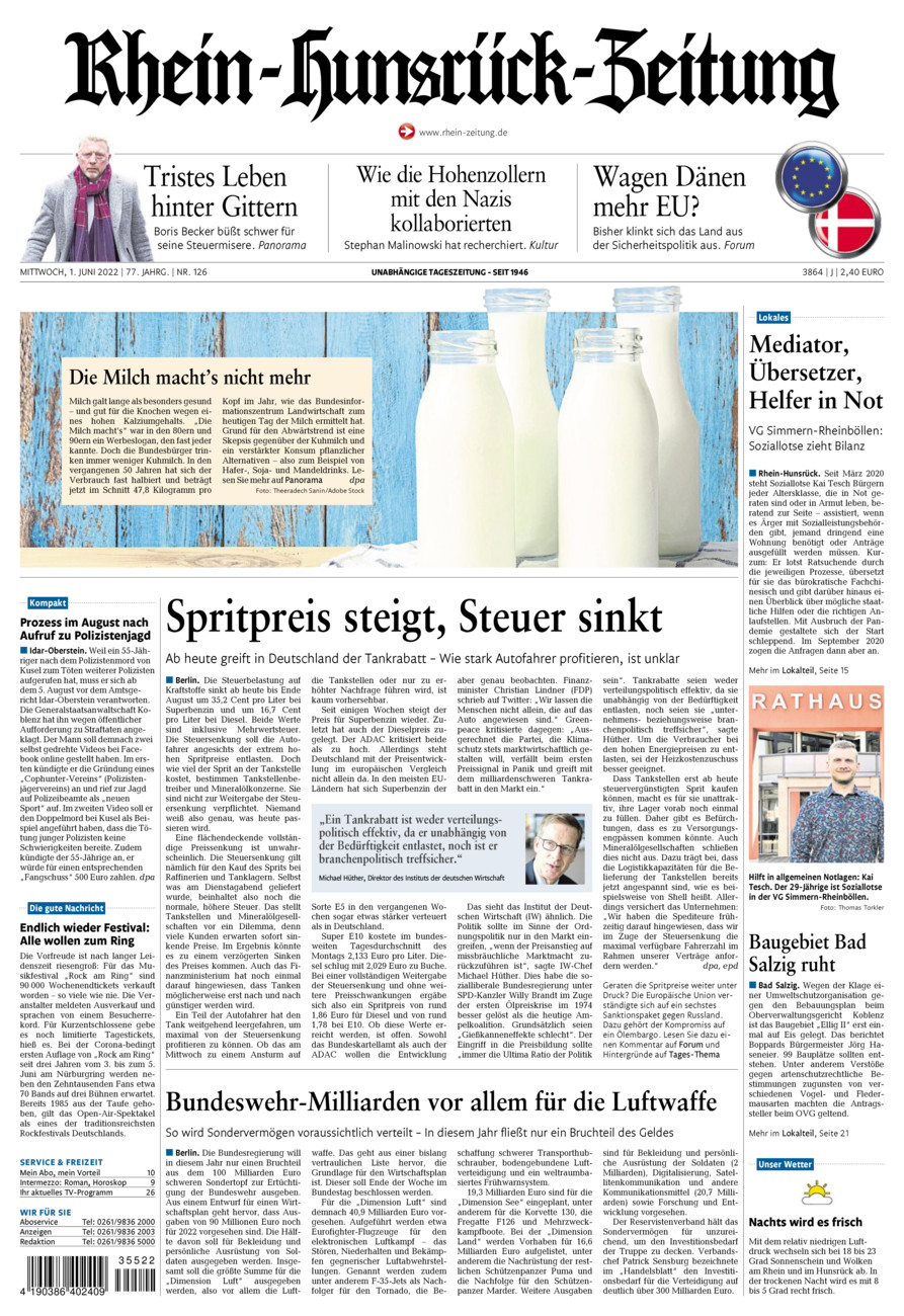 Rhein-Hunsrück-Zeitung vom Mittwoch, 01.06.2022