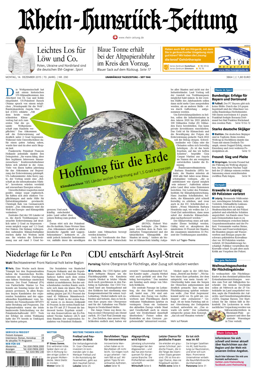 Rhein-Hunsrück-Zeitung vom Montag, 14.12.2015