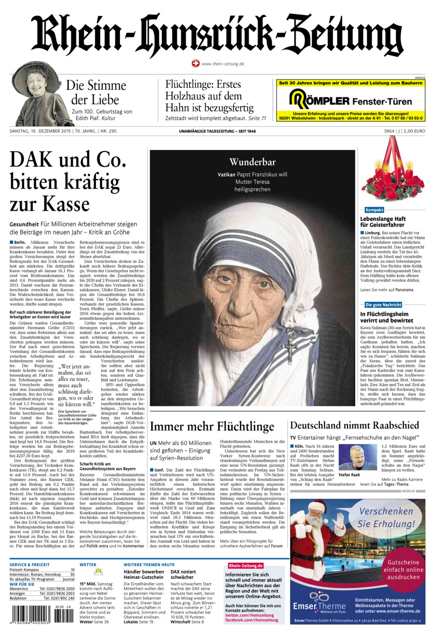 Rhein-Hunsrück-Zeitung vom Samstag, 19.12.2015
