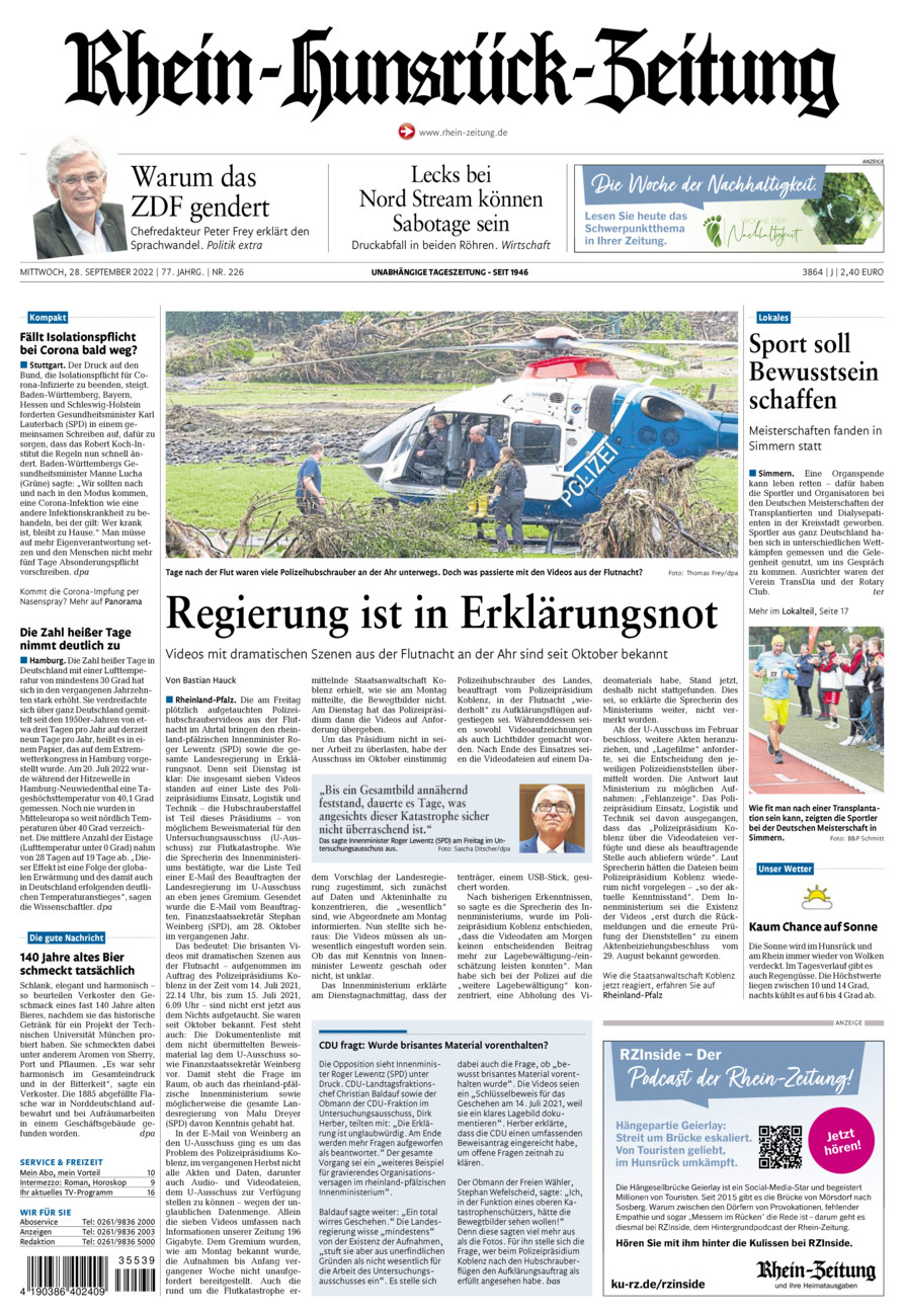 Rhein-Hunsrück-Zeitung vom Mittwoch, 28.09.2022