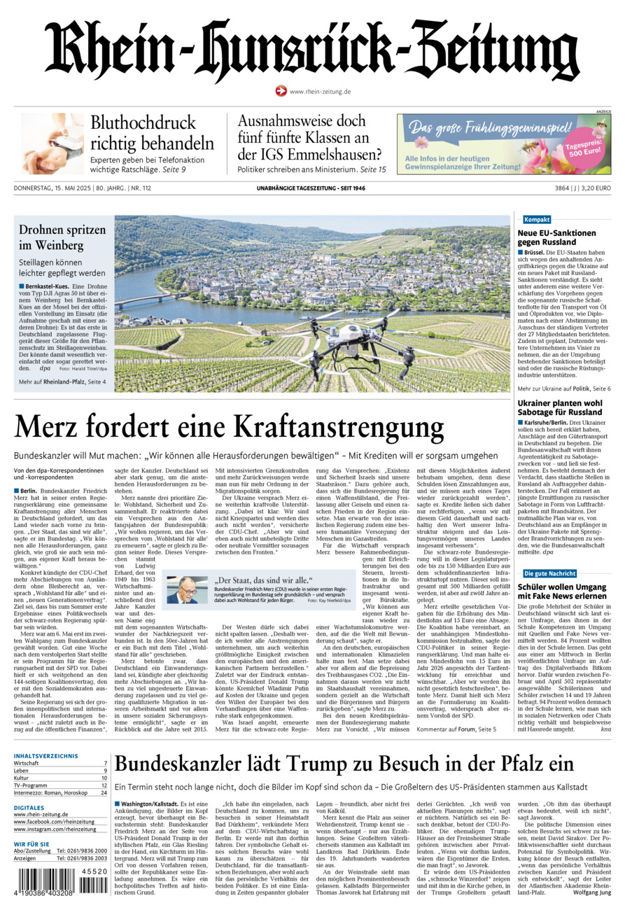 Rhein-Hunsrück-Zeitung vom Donnerstag, 15.05.2025