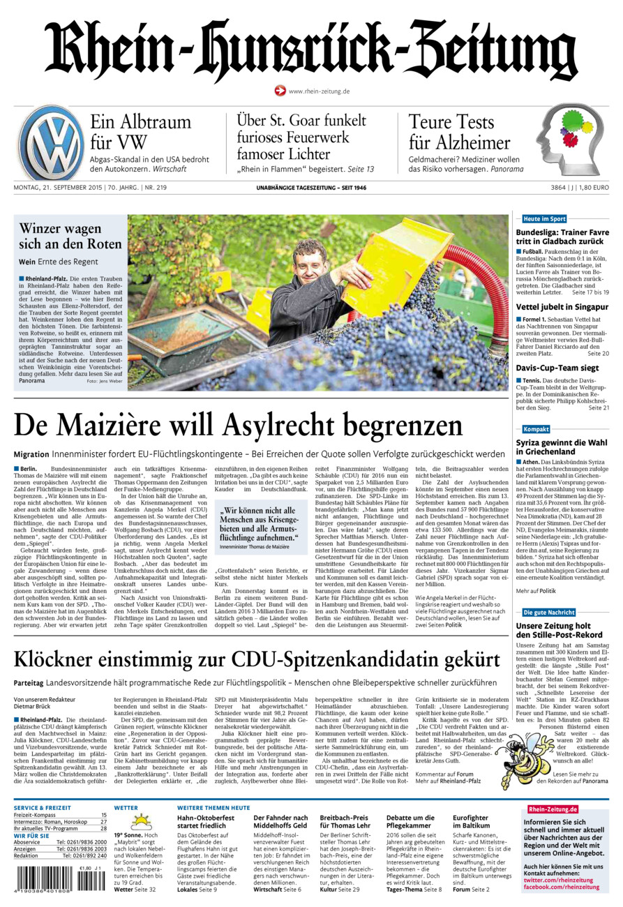 Rhein-Hunsrück-Zeitung vom Montag, 21.09.2015