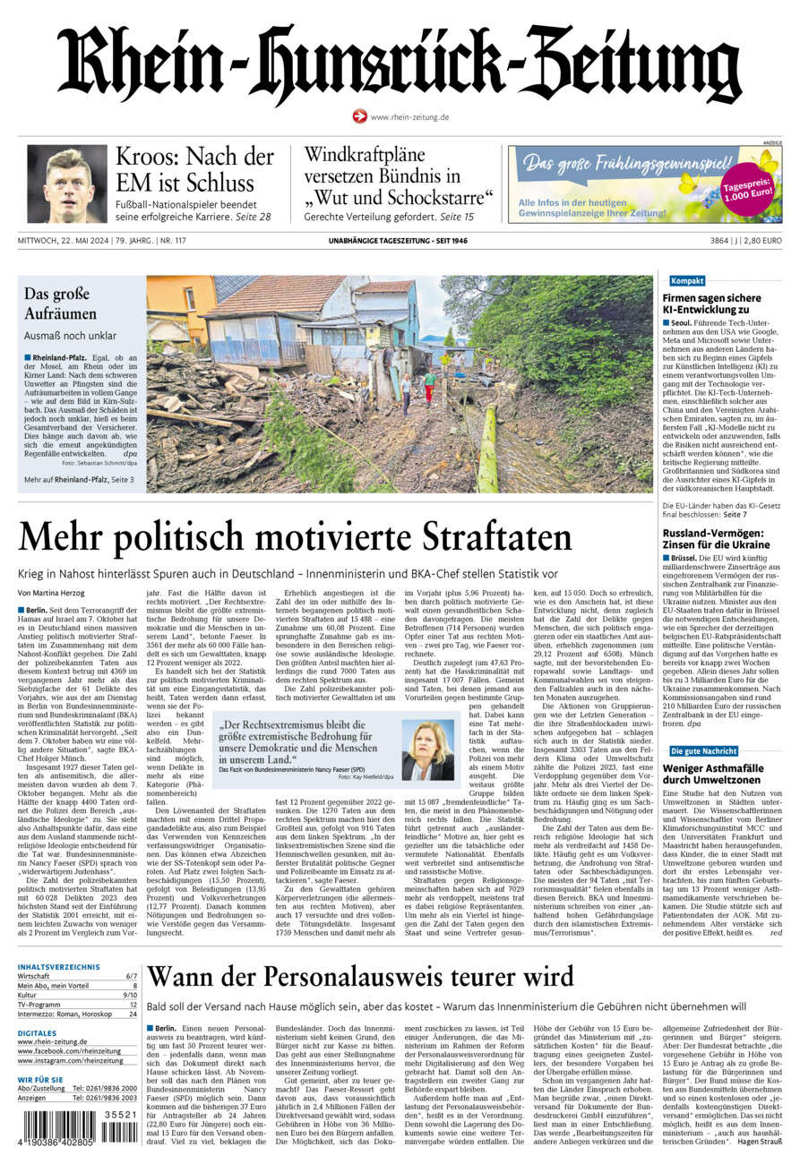 Rhein-Hunsrück-Zeitung vom Mittwoch, 22.05.2024