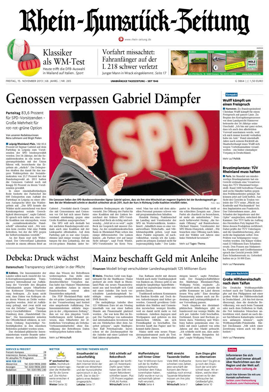 Rhein-Hunsrück-Zeitung vom Freitag, 15.11.2013