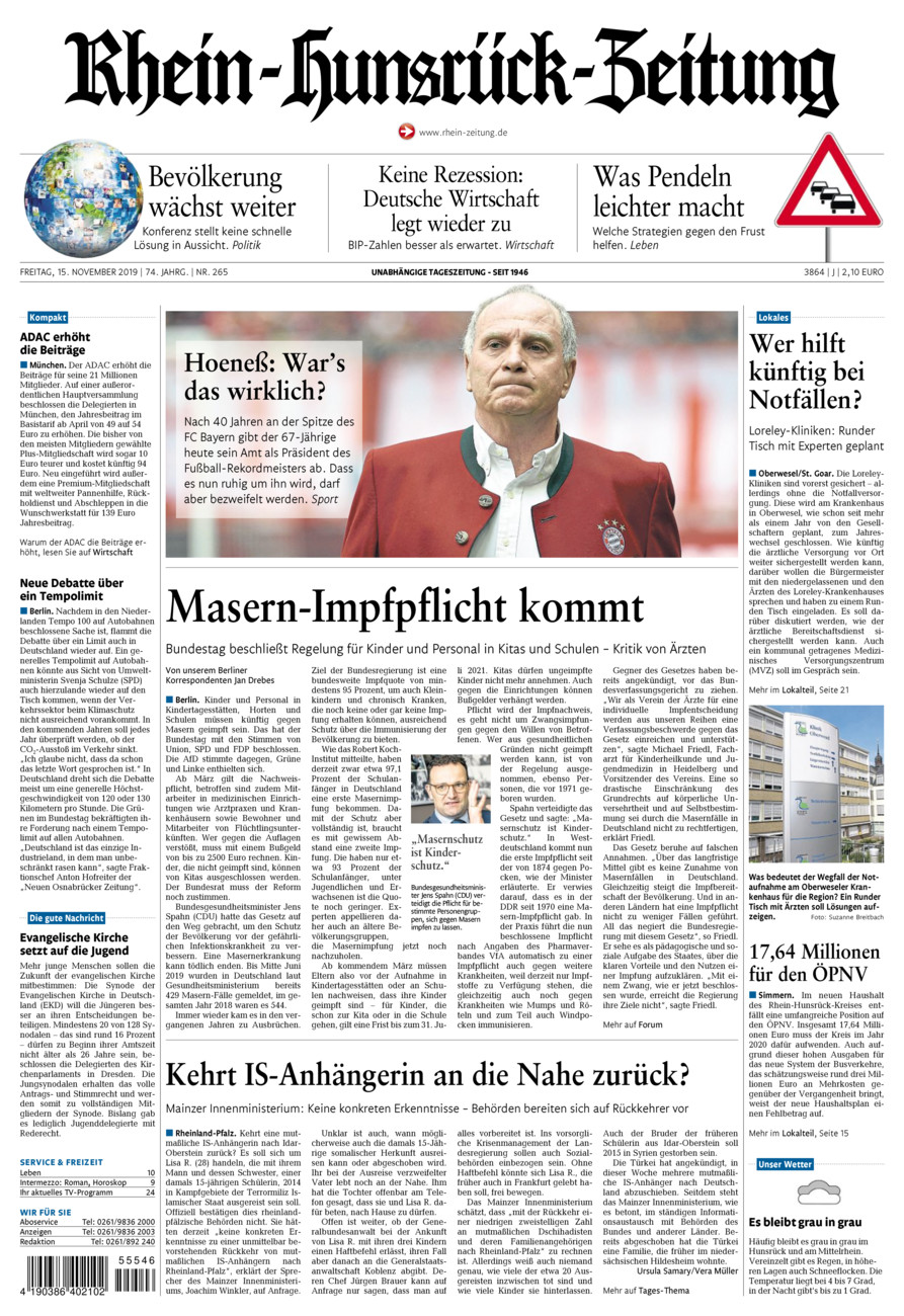 Rhein-Hunsrück-Zeitung vom Freitag, 15.11.2019