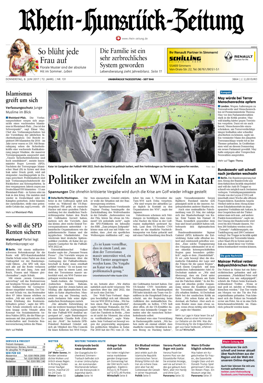 Rhein-Hunsrück-Zeitung vom Donnerstag, 08.06.2017