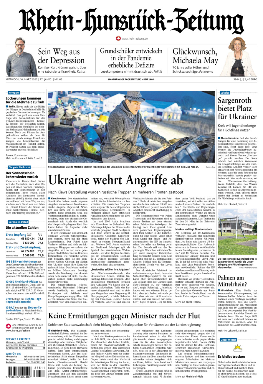 Rhein-Hunsrück-Zeitung vom Mittwoch, 16.03.2022