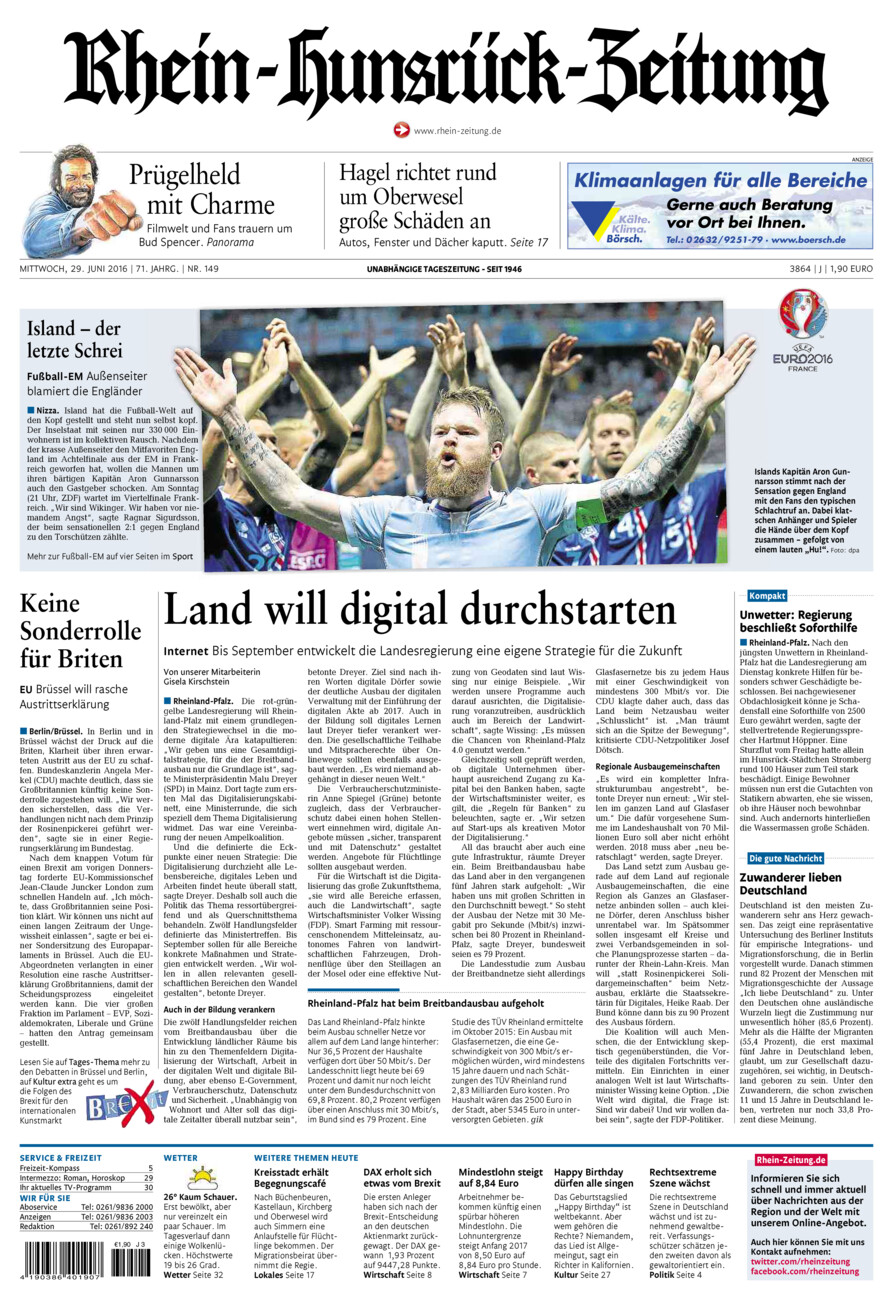 Rhein-Hunsrück-Zeitung vom Mittwoch, 29.06.2016