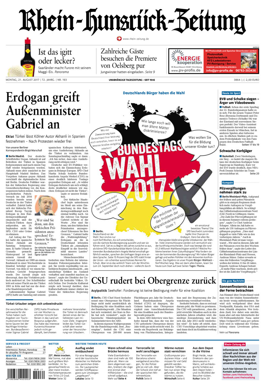 Rhein-Hunsrück-Zeitung vom Montag, 21.08.2017
