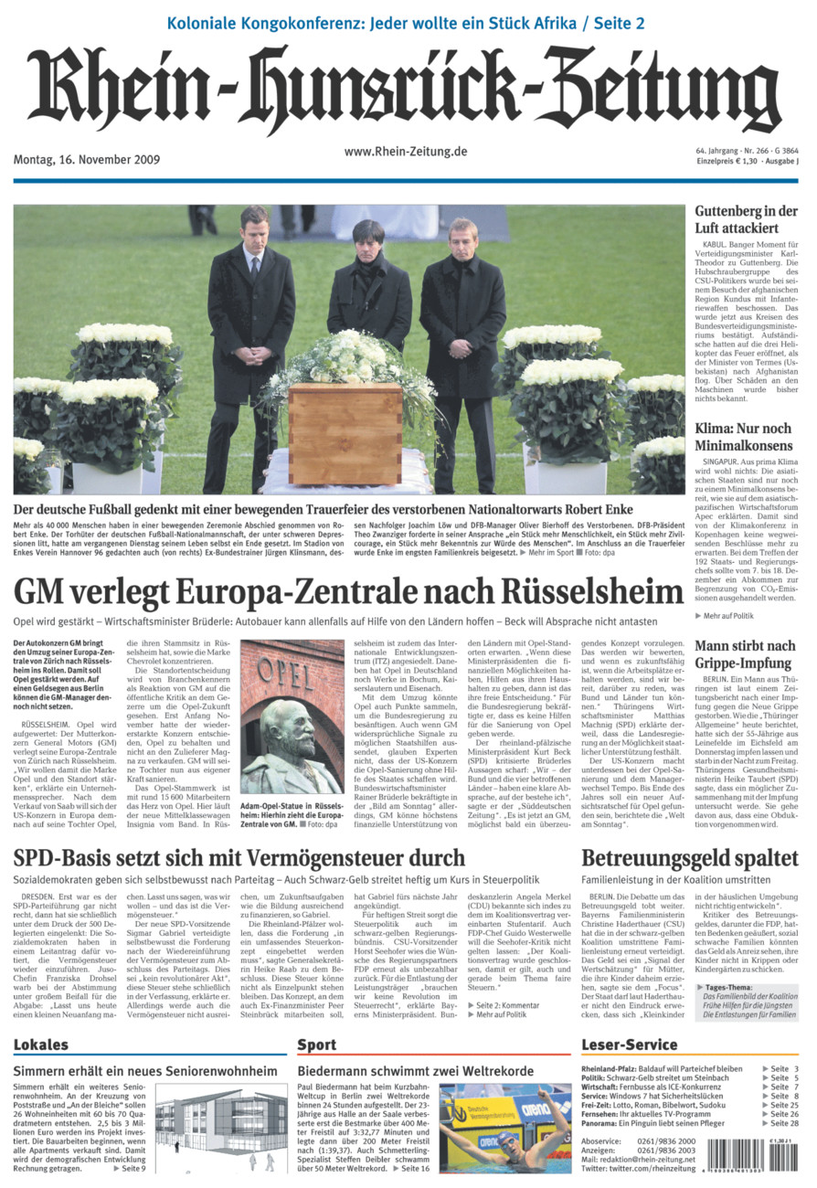 Rhein-Hunsrück-Zeitung vom Montag, 16.11.2009