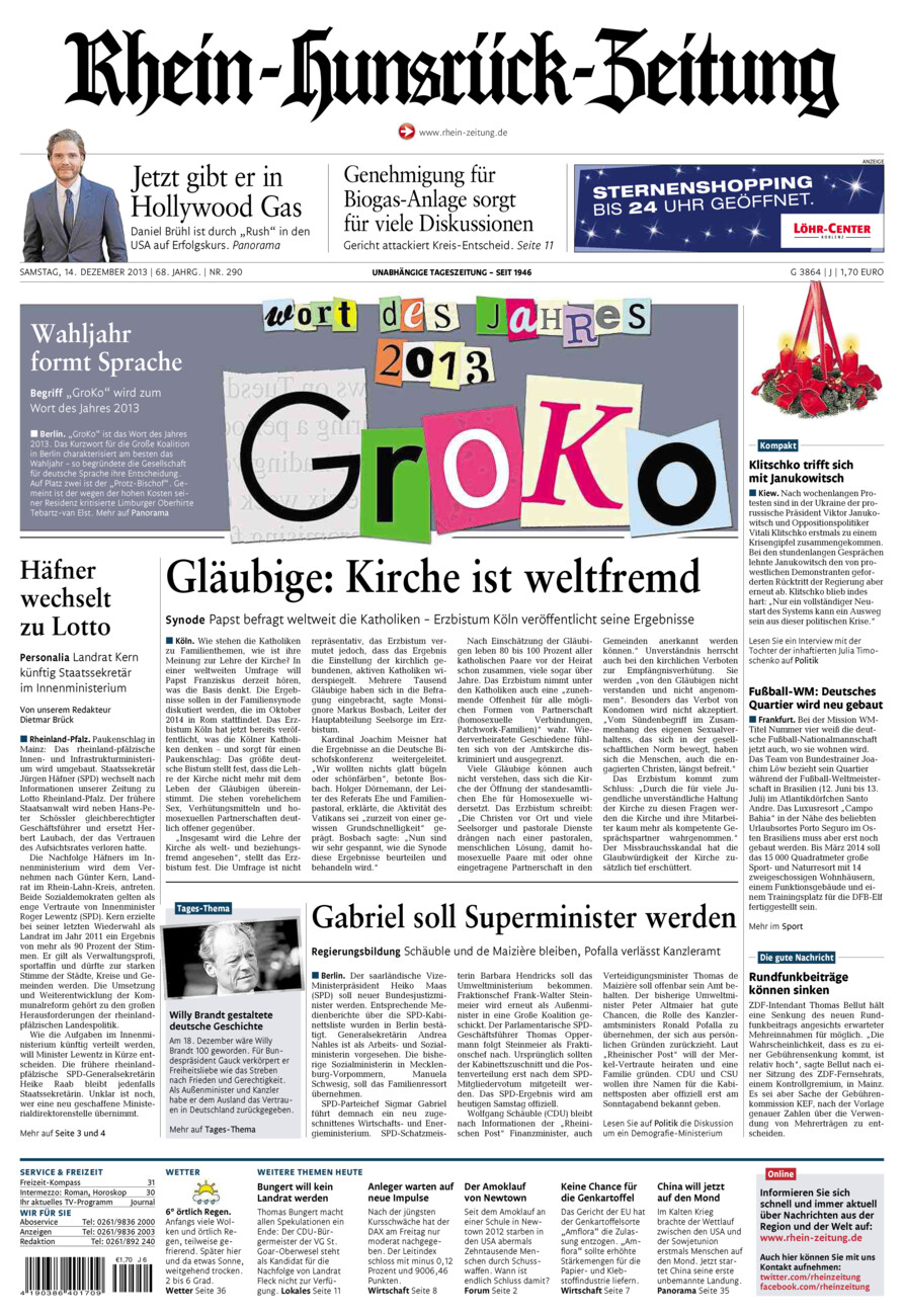 Rhein-Hunsrück-Zeitung vom Samstag, 14.12.2013