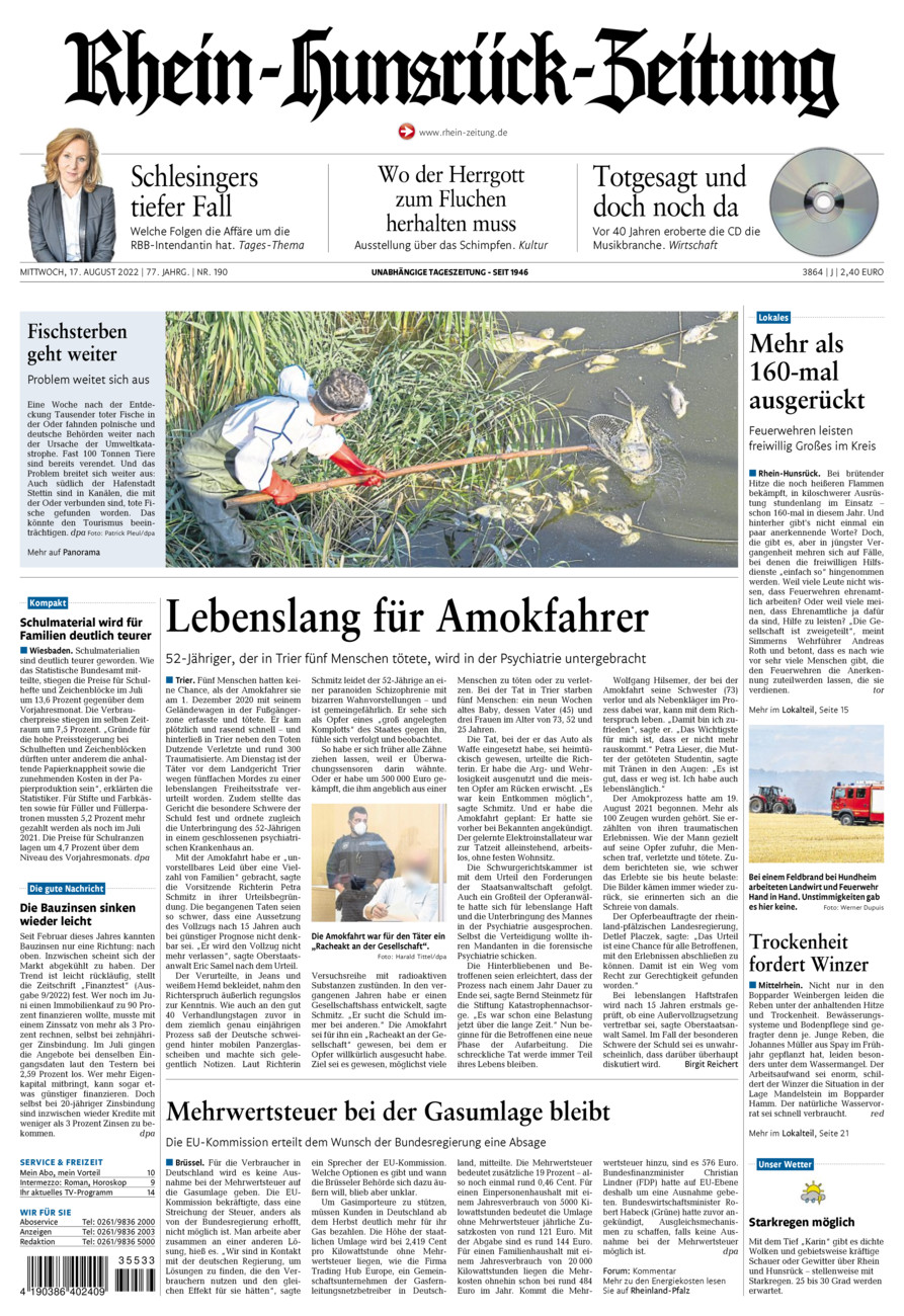 Rhein-Hunsrück-Zeitung vom Mittwoch, 17.08.2022