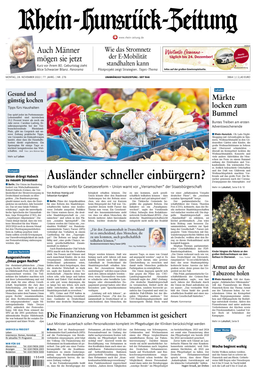 Rhein-Hunsrück-Zeitung vom Montag, 28.11.2022