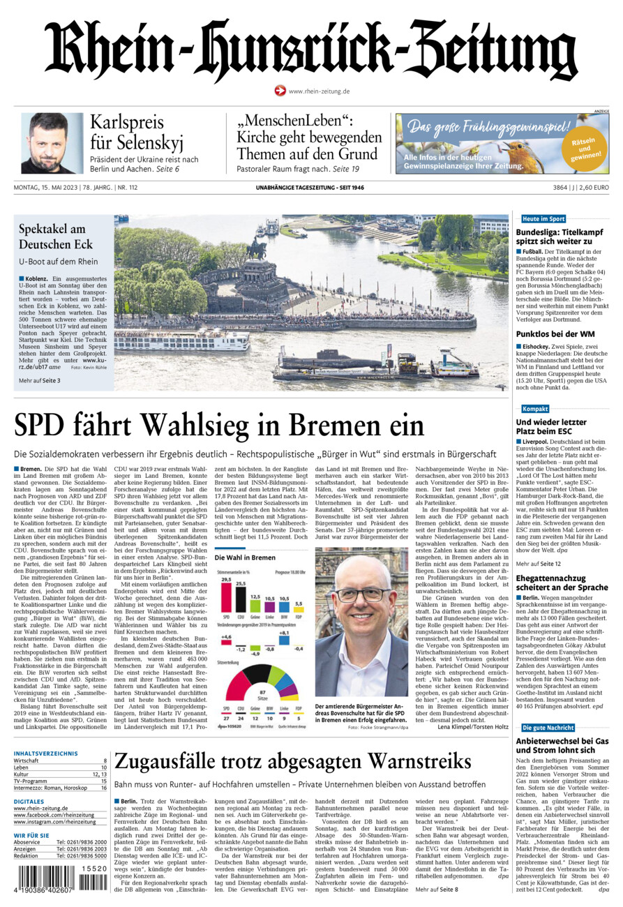 Rhein-Hunsrück-Zeitung vom Montag, 15.05.2023
