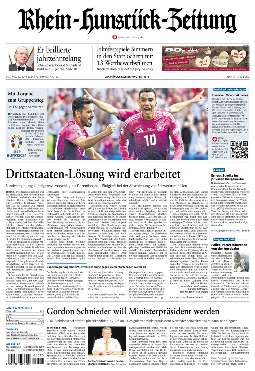 Rhein-Hunsrück-Zeitung vom Samstag, 22.06.2024
