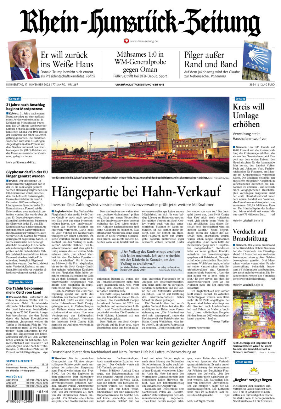 Rhein-Hunsrück-Zeitung vom Donnerstag, 17.11.2022
