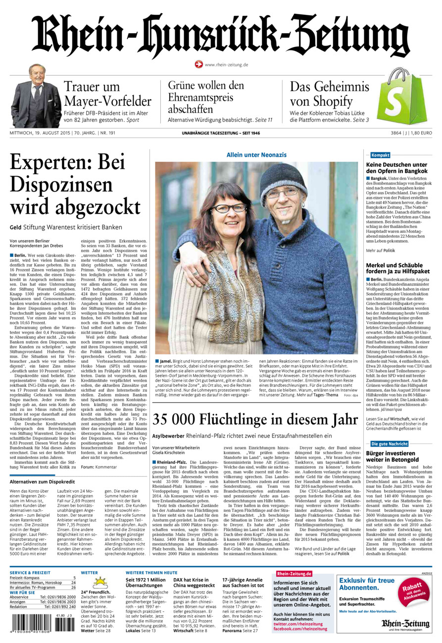 Rhein-Hunsrück-Zeitung vom Mittwoch, 19.08.2015