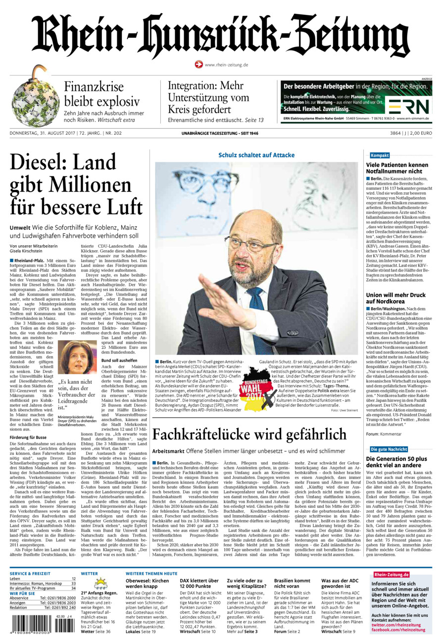 Rhein-Hunsrück-Zeitung vom Donnerstag, 31.08.2017